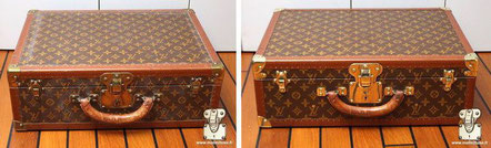 Louis Vuitton Circa  1960 suitcase  Embellishment and removal of white marks on Louis Vuitton Mark VI screen-printed monogram canvas .  