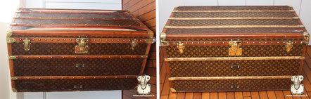 Louis Vuitton mail trunk  circa 1910 remove varnish and retouch repaint, false strip stable on stenciled canvas LV Mark II  Read more ...