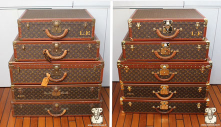  Lot of Louis Vuitton suitcase circa 1990 Cleaning of the pvc canvas and lozines, replacement of a missing leather handle.