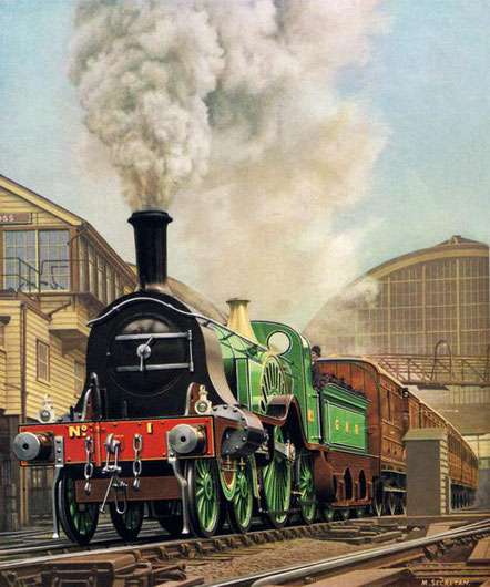 Painting by M Secretan 1939 of the Flying Scotsman service hauled by Stirling Single locomotive 1888. The service, which  started in 1862, was originally called the Special Scotch Express.