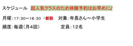 超人気クラスのため体験予約はお早めに！　月曜１７：３０〜１８：３０　対象は年長さん〜小学生　定員は１２名までです。