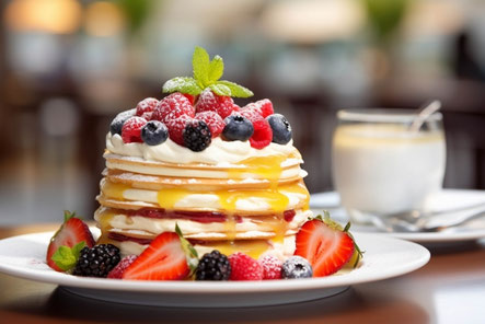 生クリーム、シロップ、ベリーがたっぷりあしらわれたパンケーキのお皿。