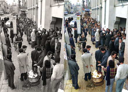 修復・色再現 作業前→作業後比較　1976（昭和51）年12月21日、金沢市香林坊の第一勧業銀行（現みずほ銀行）前
