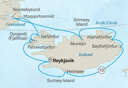 Routenkarte: Mit der Scenic Eclipse von Reykjavik nach Grönland und zurück nach Reykjavik 