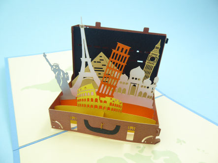 carte pop-up valise avec les monuments du monde à l'intérieur