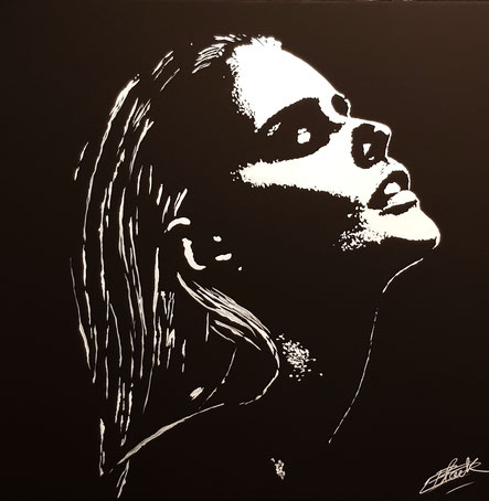 Acrylique sur toile - profil de femme en noir et blanc - rayon de soleil par erik black painting