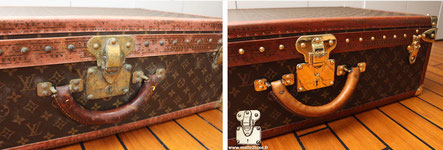 Louis Vuitton Alzer 65 suitcase from  1990,  replacement of the leather handle destroyed by humidity in a cellar. read more...