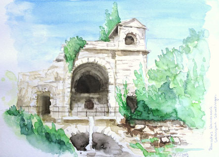 Aquarellstudie "Römisches Wasserkastell im Schwetzinger Schlosspark": Ruine mit kleinem Rinnsal, welches in ein Flüsschen Mündet, umgeben von Sträuchern und Bäumen
