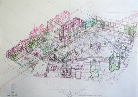 Recherchzeichnung Stadtpark Dessau, 2024, Farbstift und Bleistift auf Papier, 42 x 60 cm
