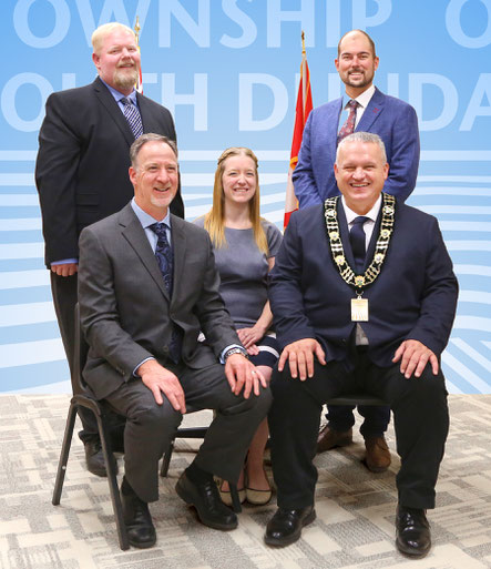 Back row, left to with, Tom Smyth, Danielle Ward, Cole Veinotte; front row: Deputy Mayor Marc St. Pierre, Mayor Jason Broad