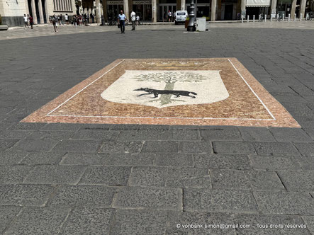 Lecce - Piazza Sant'Oronzo : Mosaïque représentant le blason de Lecce, une louve sous un chêne vert