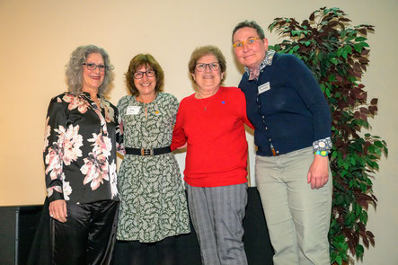 COO Linda Kean (far left) and Tracy  Wilking (far right), Manager of JFS’s Heldman Family Food Pantry at the Barbash Family Vital Support Center, honored Nancy Steinberg Warren (inside-left), Judy Barnett (inside right) and Kim Juran (not pictured).