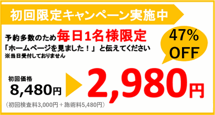 腰椎ヘルニア施術初回限定キャンペーンとして、初回価格8,480円のところを2,980円で施術させて頂きます