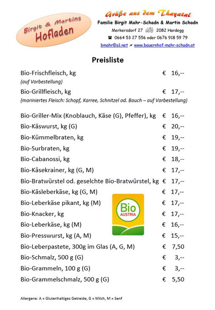 Preisliste Sommer 2025