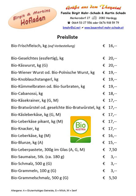 Preisliste Herbst 2025