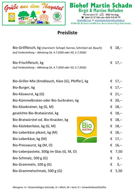 Preisliste Sommer 2026