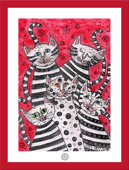 Exponattitel: Das Treffen der fünf Katzen - Exponatgröße: 15 x 21 - Art: Tusche- und Aquarellmalerei - Signatur: datiert, signiert - Copyright by Emil Pelz 2018