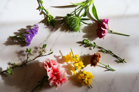 レースのカーテンの窓辺に飾られた色とりどりの花たち。カーネーション、バラ、カスミソウ、クレマチス。