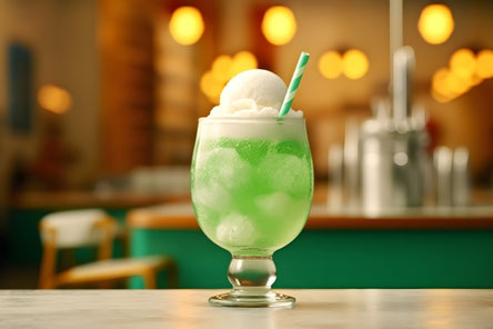 カフェのテーブルにクリームソーダのグラス。