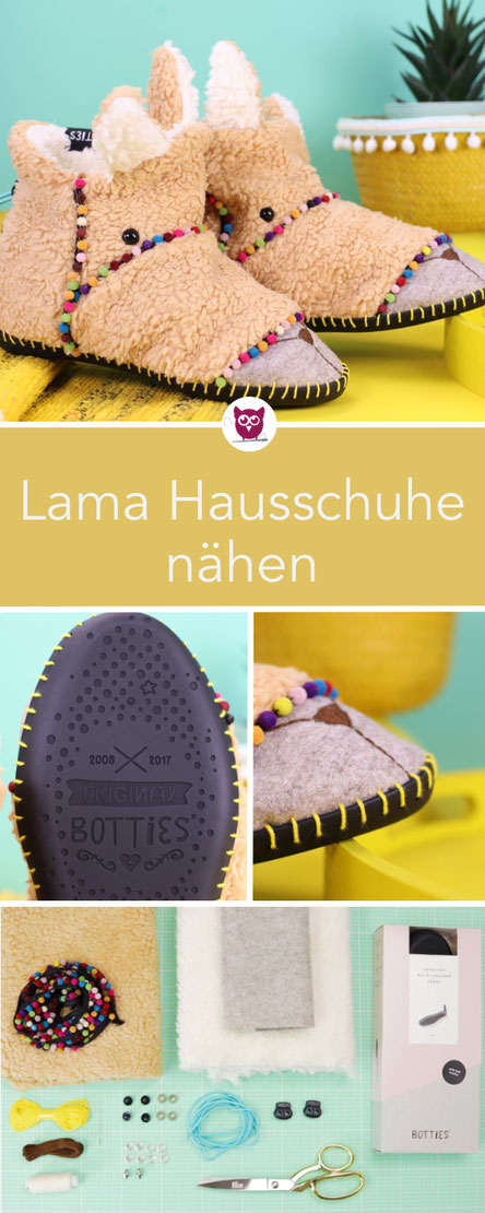 [Werbung] Lama Hausschuhe nähen mit Botties Sohlen: Puschen einfach selber nähen im Lama oder Alpaka Style mit Bommelborte. Kostenloses Schnittmuster und Videoanleitung. Auch für Kinder oder Männer. Nähanleitung von DIY Eule. 