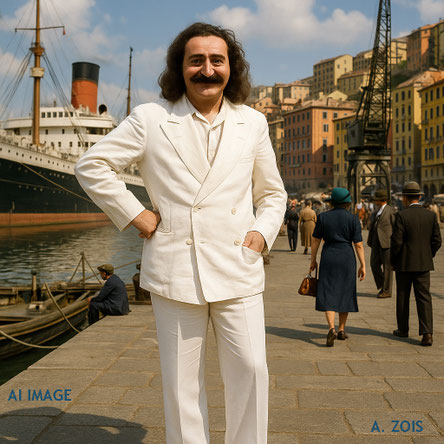 This AI created image shows Meher Baba at the port of Genoa in the mid-1930s. Image produced by Anthony Zois.