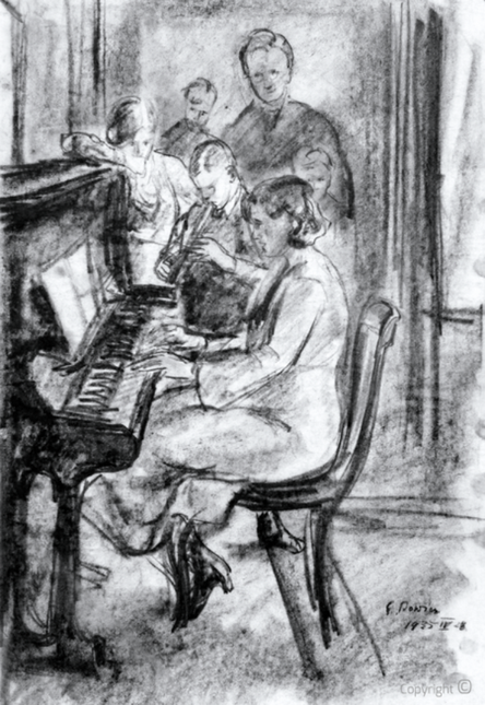 Erwin Bowien (1899-1972): Hanns Heinen watches his wife Erna Heinen-Steinhoff and his children making music in the large salon of the "Black" House