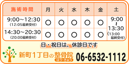施術時間、平日午前9時から12時30分、午後2時30分から8時30分、電話0665321112