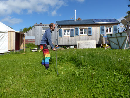 Sensenmähen, Tinyhouse, Blumenwiese mähen, 