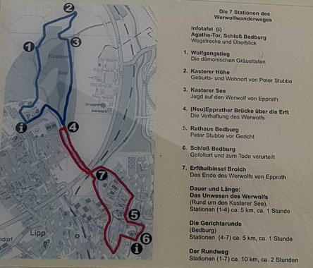 Die 7 Stationen des Werwolfwanderweges, Schloß Bedburg, Kastener Höhe, Wolfgangstieg, Epprather Brücke, Rathaus Bedburg, Erfthalbinsel Broich, Das Unwesen des Werwolfes, die gerichtsrunde, der Rundweg