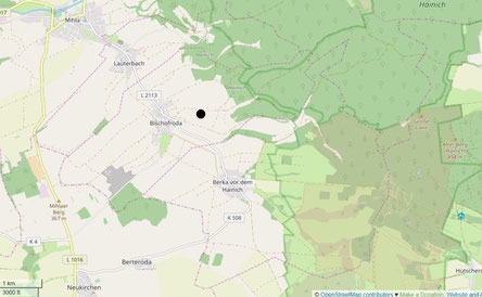 Map of Bischofroda with the gravity point of Germany marked in black which was calculated based on the squaring method (arithmetic mean after dividing the country's area into (square) sub-areas)
