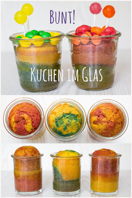 Bunt eingefärbter Kuchen im Glas für den Kindergeburtstag