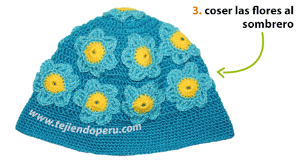 Cómo tejer un sombrero con ala y flores aplicadas a crochet