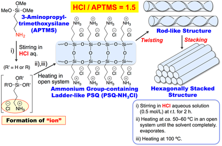 図2　ヘキサゴナル積層構造を有するアンモニウム基含有ロッド状(ラダー状)PSQの合成