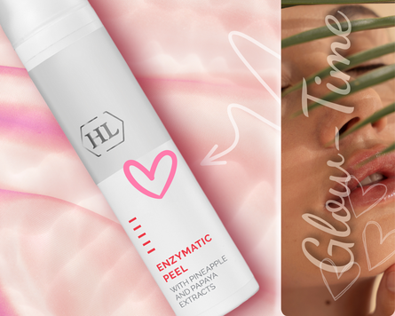 Produktbild in sanften rasa Tönen mit Frauengesicht – Peeling auch für empfindliche Haut.