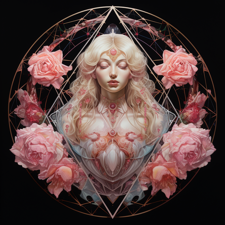 Illustration einer frau mit hellblonden haaren und geschlossenen augen die in einer geometrischen struktur ist, umgeben von rosaroten rosen