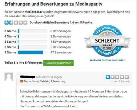 webwiki - schlechte Bewertung für Mediaspar, viel Ärger