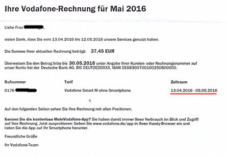 Vodafone Abschlussrechnung Mai 2016