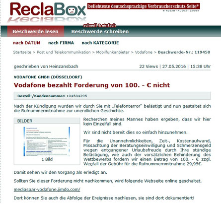 Vodafone bezahlt Forderung von 100.- € nicht