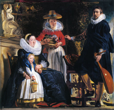 Jacob Jordaens - De Familie van de Schilder (ca. 1621). Madrid: Museo Nacional del Prado. Echtgenote Catharina houdt dochter Elisabeth vast. Centraal mogelijk een jongere zus van Catharina.