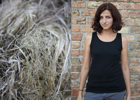 Hemp wool (left) may not look like it, but it's the base for very comfortable clothes (right).