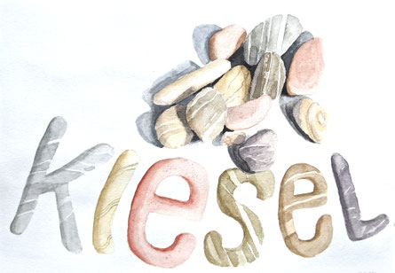 Aquarellstudie "Kiesel": ein kleiner Haufen Kiesel, darunter Schrift