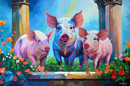 Acrylic painting ‘Talisman’ featuring three colourful piglets as symbols of good luck, surrounded by flowers and antique columns, in an expressive, vibrant style.