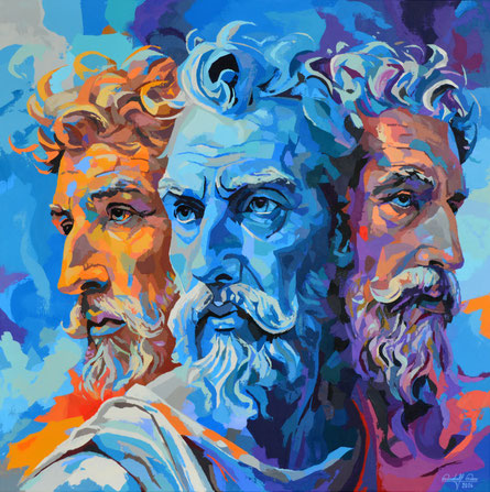 Modernes Acrylgemälde von Platon mit drei ausdrucksstarken Porträts in abstrakt-expressionistischer Spachteltechnik. Dominante Blau-, Rot- und Violetttöne symbolisieren Weisheit, Leidenschaft und Spiritualität und verleihen dem philosophischen Motiv emoti