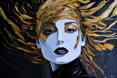 Acrylgemälde „Wala“ von Rudolf Rox: Mystisches Frauenporträt mit violetten Augen und goldenen Akzenten, inspiriert von der nordischen Mythologie der Seherin.