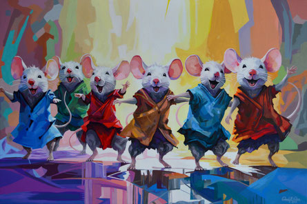 Colorful acrylic painting on canvas showing joyful dancing mice in vibrant robes, expressing movement, happiness, and togetherness.