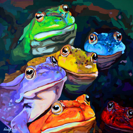 Dieses farbenfrohe Leinwandgemälde ist ein herausragendes Beispiel für moderne Kunst. Die ausdrucksstarke Acrylmalerei zeigt eine Gruppe von Fröschen in leuchtenden Farben, die in einer fantasievollen Komposition inszeniert sind. Durch den intensiven Farb