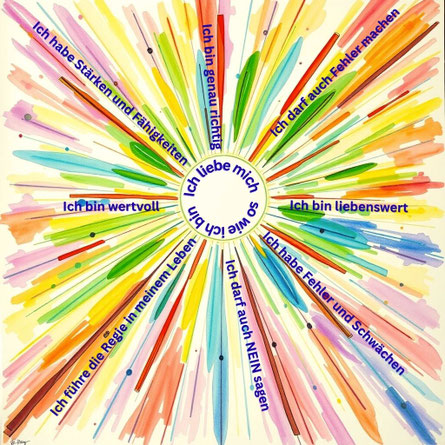 Bunte Sonne im zentrum steht ich liebe mich wie ich bin, in den Strahlen positive Affirmationen ich bin richtig ichdarf fehler machen, ich darf nein sagen, ich bin wertvoll