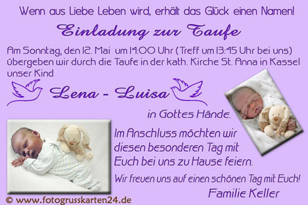 Einladungskarte mit Foto zur Taufe lila Mädchen Einladungen Tauffeier