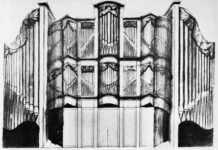 Orgelzeichnung von Joh. Bernhard Kröger (Goldenstedt), 1837 | Reproduktion nach Winfried Schlepphorst, Der Orgelbau im westlichen Niedersachsen, Kassel 1975, Abb. 36 (dort ohne Quellennachweis)
