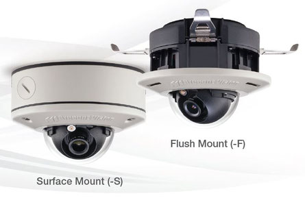 MicroDome® G2 IP Megapixel Cameras von Arecont Vision (Abb. links - Aufputzmontage / Abb. rechts - Einbaumontage), presented by SafeTech